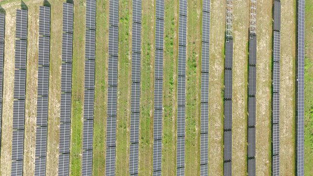 Aerial Video of Solar Farm with Parallel Rows of Solar Panels on Grass