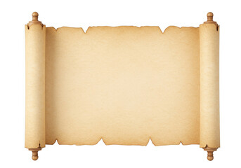 A vintage aged parchment scroll with frayed edges and wooden rollers isolated on transparent background