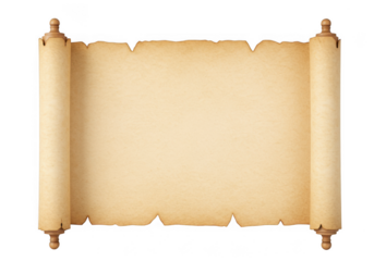A vintage aged parchment scroll with frayed edges and wooden rollers isolated on transparent background