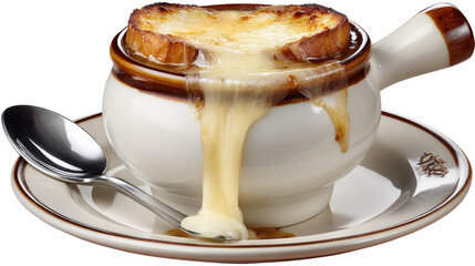Delicious French Onion Soup with Melted Cheese in a Ceramic Bowl and Spoon on a Plate