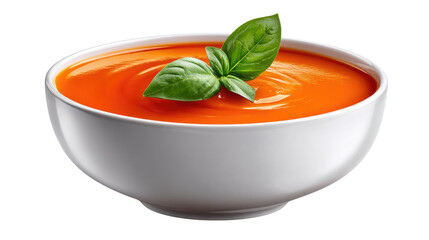 Creamy Tomato Soup in a White Bowl Topped with Fresh Green Basil Leaves on a Bright Background