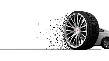 High-Speed Tire Displacement with Motion Blur Effect on a Modern Silver Car in an Isolated Background
