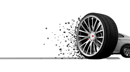 High-Speed Tire Displacement with Motion Blur Effect on a Modern Silver Car in an Isolated Background