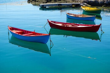 Obraz premium Colorful rowboats gently floating on calm turquoise water