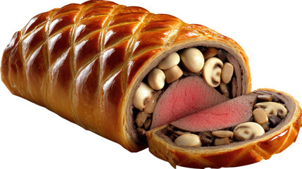 Savory beef Wellington pastry with mushroom filling on a wooden table cut open and revealing interior details