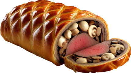 Savory beef Wellington pastry with mushroom filling on a wooden table cut open and revealing interior details