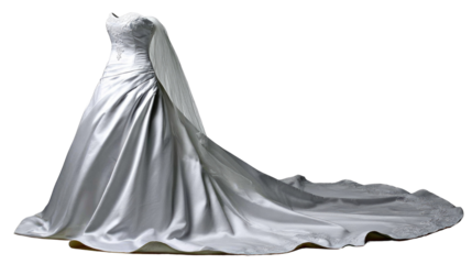Elegant bridal gown with flowing train and intricate details perfect for weddings or fashion photography