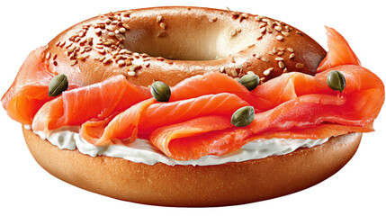 Fresh Bagel with Cream Cheese and Slices of Smoked Salmon Garnished with Capers on a White Background