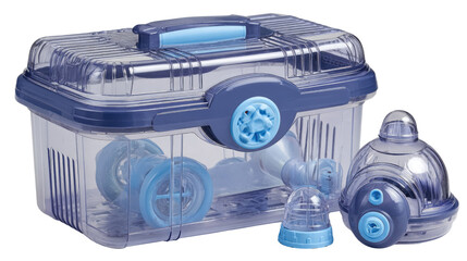 Clear storage box with lid and various transparent containers for organizing kitchen or craft supplies