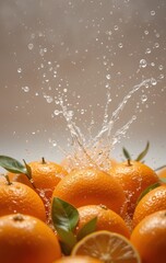 Fresh oranges with green leaves and water splash create a refreshing and vibrant scene
