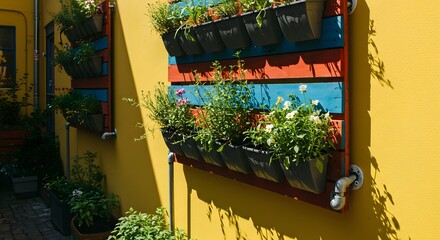 Vertical garden constructed from a repurposed wooden pallet, painted in vibrant colors 