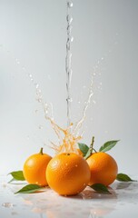 Fresh oranges with green leaves and water splash create a refreshing and vibrant scene