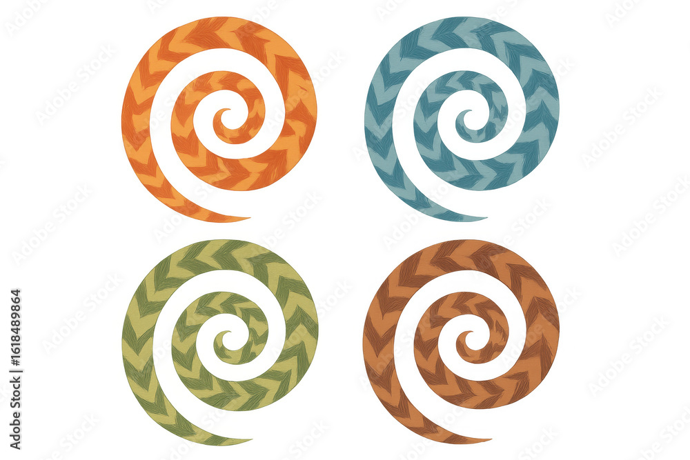 Poster colorful spirals rotating with chevron pattern on transparent background, forming a whimsical and dy