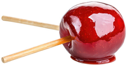 Bright Red Candy Coated Apple on Stick Ready for Enjoyment at Fair or Festival with Glossy Finish
