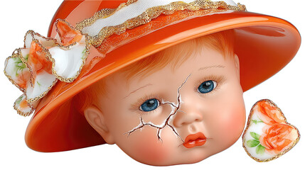 Vintage Doll with Cracked Face Wearing a Stylish Orange Hat and Flowers Accentuates Nostalgic Charm