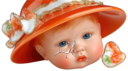 Vintage Doll with Cracked Face Wearing a Stylish Orange Hat and Flowers Accentuates Nostalgic Charm