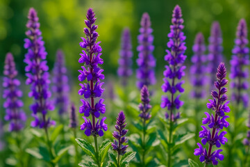 Purple flowers with tall spikes are blossoming in a garden, showcasing their rich color under the radiant sun on a clear day