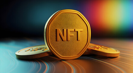 Golden NFT Coins Laying on a Metallic Surface with a Blurred Colorful Background, Indicating Digital Currency and