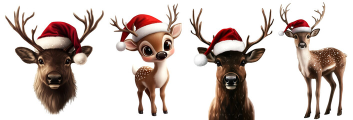 Collection of Christmas reindeer characters with santa hats and red noses standing in a line on white background



