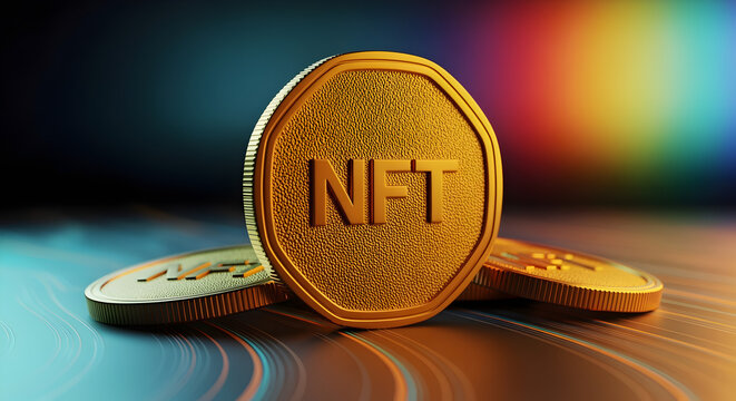 Golden NFT Coins Laying on a Metallic Surface with a Blurred Colorful Background, Indicating Digital Currency and