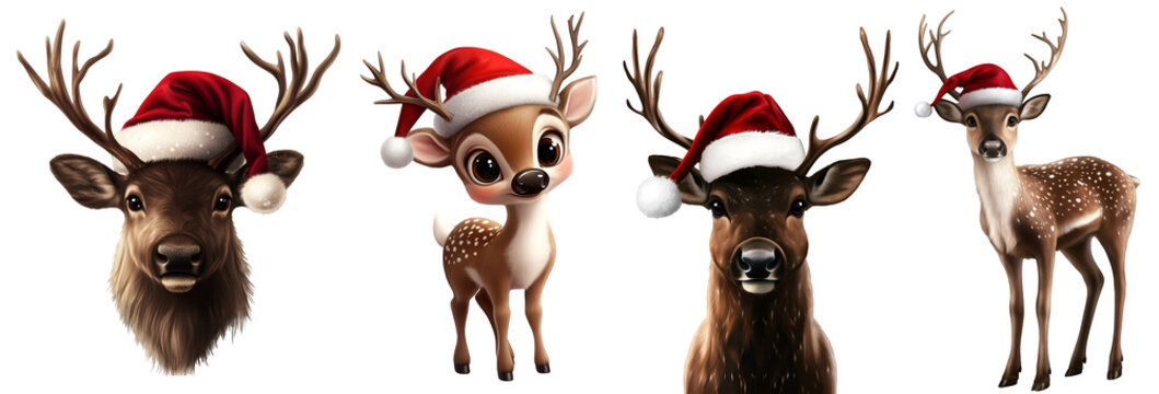 Collection of Christmas reindeer characters with santa hats and red noses standing in a line on white background



