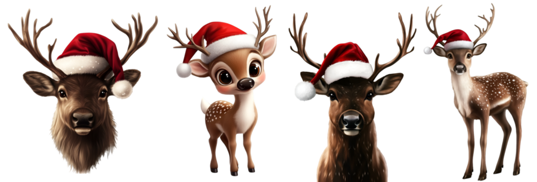 Collection of Christmas reindeer characters with santa hats and red noses standing in a line on white background



