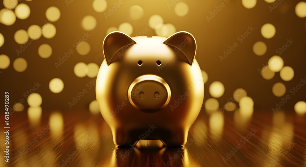 Poster golden piggy bank shines on wooden table with bokeh background in soft lighting