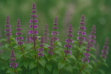 Fototapeta premium Delicate purple flowers stand tall amidst vibrant green foliage, enjoying gentle rainfall in a serene garden during spring