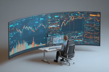 A 3D render of a financial analyst reviewing charts and graphs while sitting at a desk in a modern office setting.