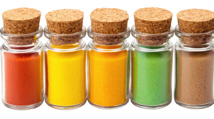 Colorful Spice Jars with Cork Lids Displaying Vibrant Powder in Glass Containers on White Background