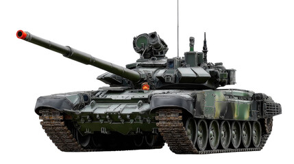Military Tank Vehicle with Gun Turret on Display in Camouflage Pattern for Armed Forces Imagery