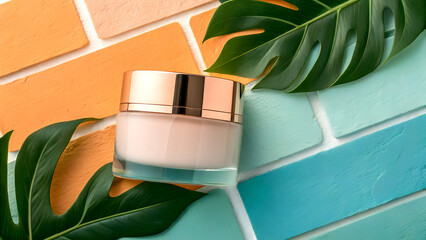 Luxurious cream jar with rose gold lid nestled among vibrant tropical leaves and colorful bricks