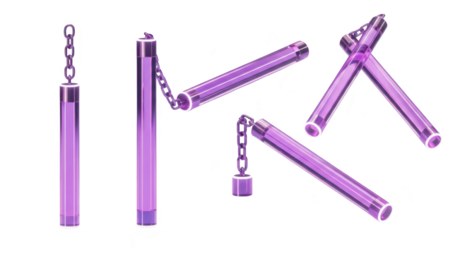 Purple nunchucks displayed on white showing different angles for martial arts weapon or design concepts