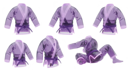 Rendered purple martial arts gi set various positions white background studio shot for training instruction or commercial use