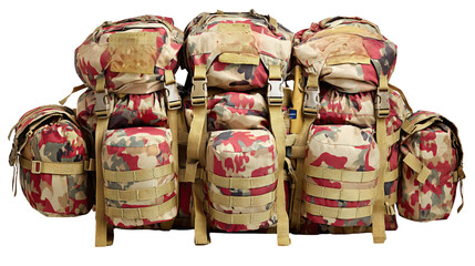 Tactical military backpacks in desert camouflage with multiple pouches and attachments for outdoor adventures