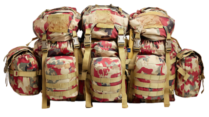 Tactical military backpacks in desert camouflage with multiple pouches and attachments for outdoor adventures