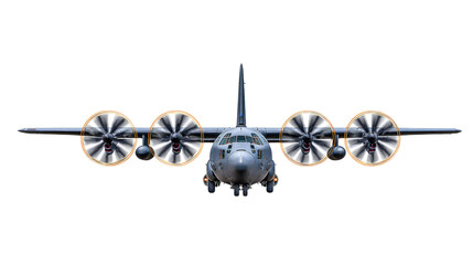 Military Transport Aircraft with Multiple Propellers in Front View against White Background