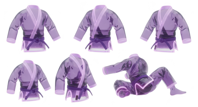 Rendered purple martial arts gi set various positions white background studio shot for training instruction or commercial use