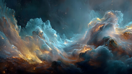 Ethereal, swirling clouds of blue and gold, illuminated by soft light.