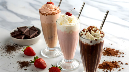 Indulge in creamy milkshakes with chocolate and strawberries perfect for dessert or a delicious snack