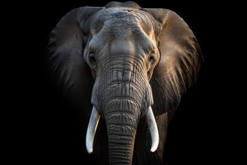 A closeup of an elephants face on a black background transparent background