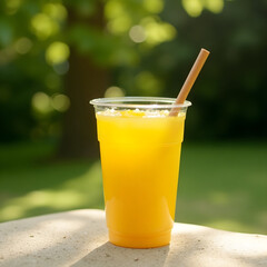 A plastic cup of orange juice with a straw on a stone surface
