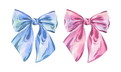 A vibrant, hand-drawn watercolor illustration of two classic bows coquette satin, silk and textile yokes in vibrant blue and rich pink, perfect for feminine branding, print and clip art projects.