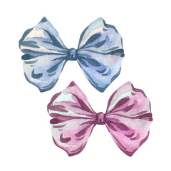Bows tie coquette simple, satin, silk, textile, blue and pink pastel shades. Watercolor illustration hand-drawn. Set of isolated elements. For feminine, male and festive designs
