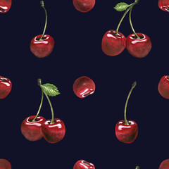 Seamless pattern hand-painted watercolor illustration of scattered cherries on dark navy background. A timeless and juicy pattern for elegant product design.