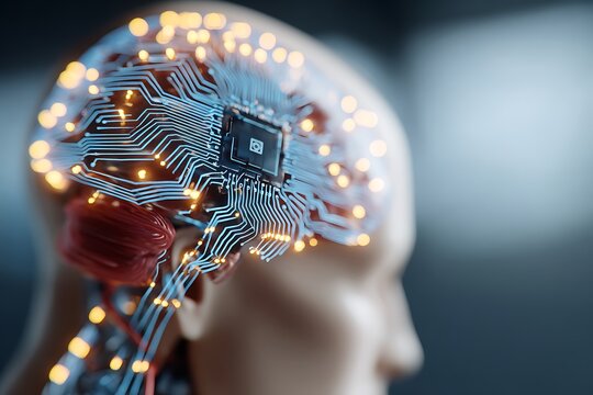 A 3D render of a human head silhouette revealing a bright neon blue circuit board with glowing golden nodes, symbolizing artificial intelligence and advanced neural networks.