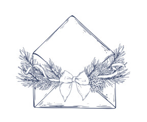 Hand drawn line art illustration of an envelope framed with pine branches, pine cones, ribbons and a bow, perfect for holiday invitations, holiday messages and New Year or Christmas letter designs.