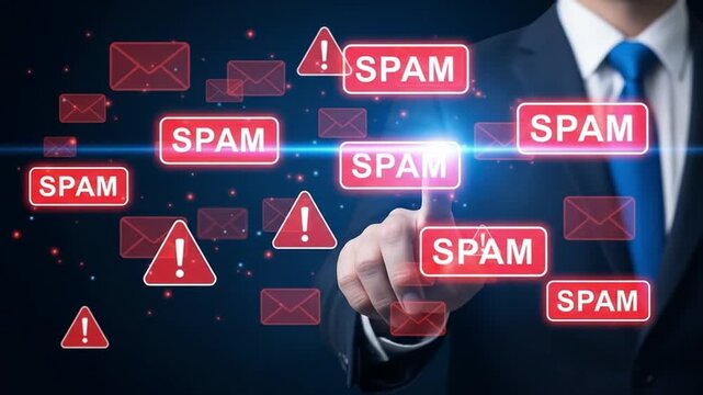 Cybersecurity Professional Tapping Virtual Spam Warning on Digital Interface