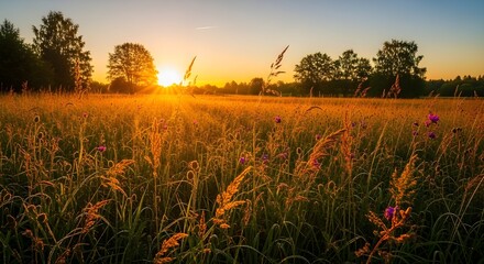 Golden meadow at sunset with wildflowers in vibrant light
