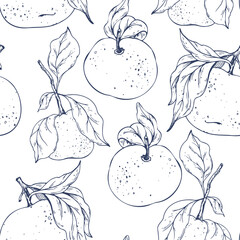 This hand drawn line art graphic illustration features a seamless pattern of whole tangerines and festive foliage, perfect for holiday designs. Ideal for Christmas wrapping paper and decorations.